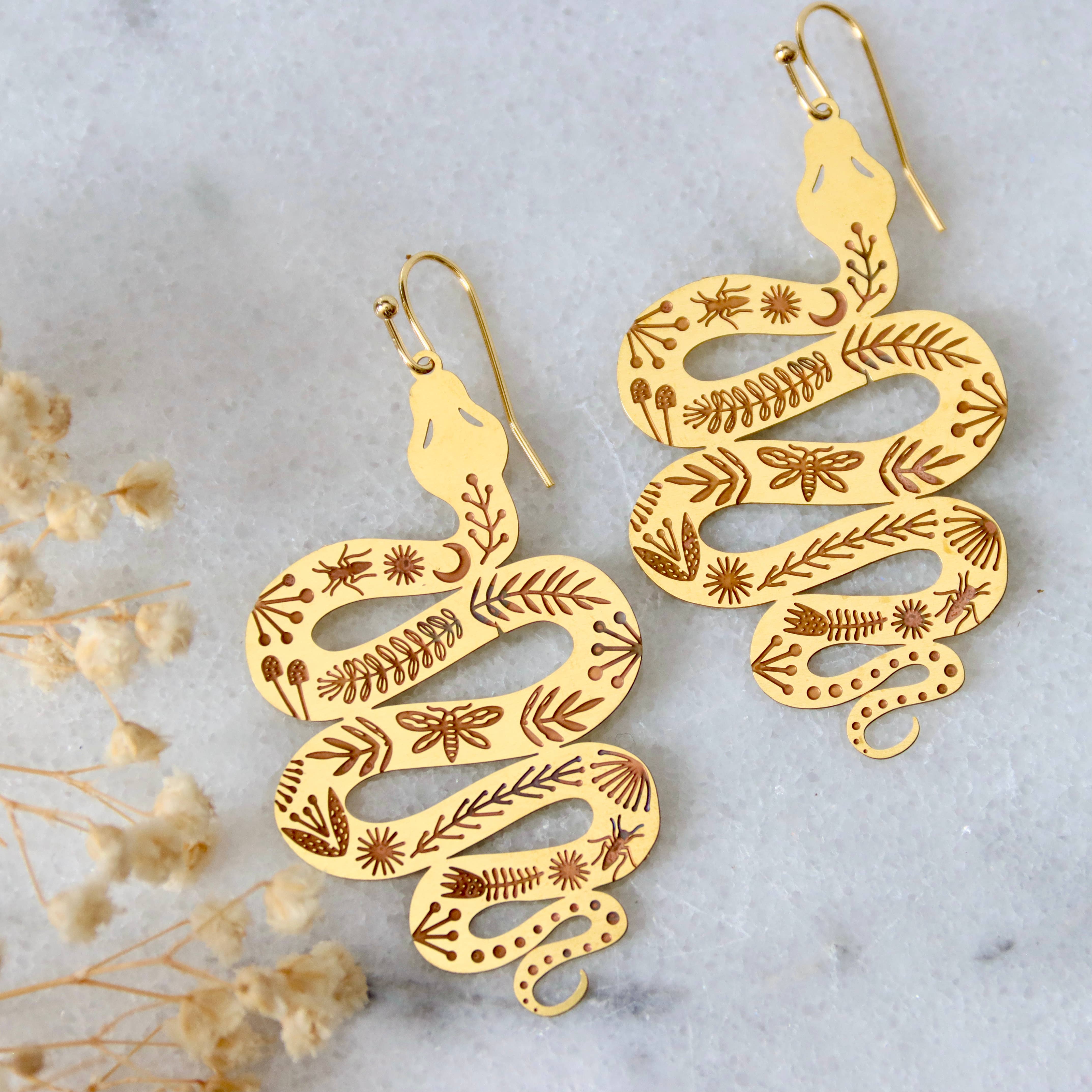 Brass Garden Snake Earrings