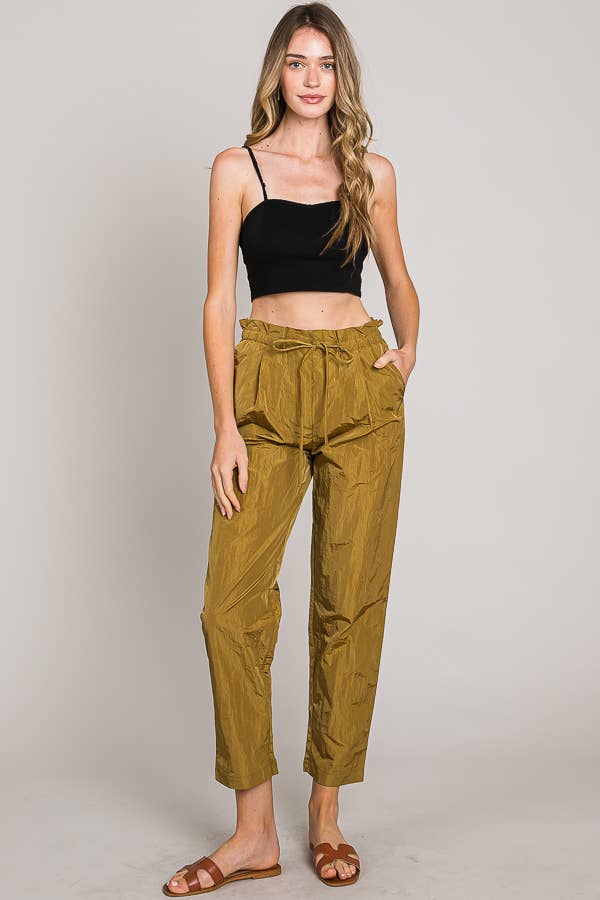 Paper bag tie waist ankle length nylon woven pants