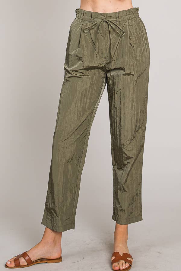 Paper bag tie waist ankle length nylon woven pants
