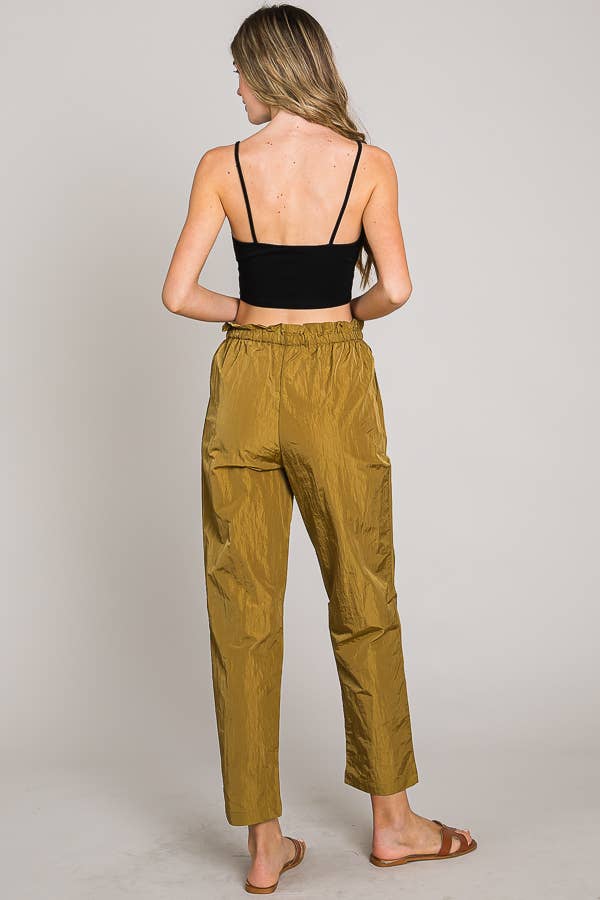 Paper bag tie waist ankle length nylon woven pants