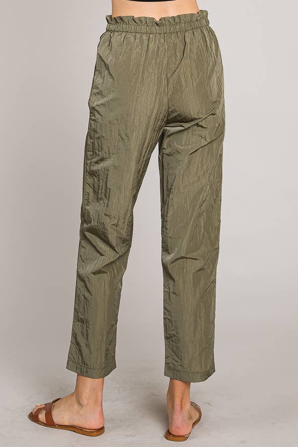 Paper bag tie waist ankle length nylon woven pants