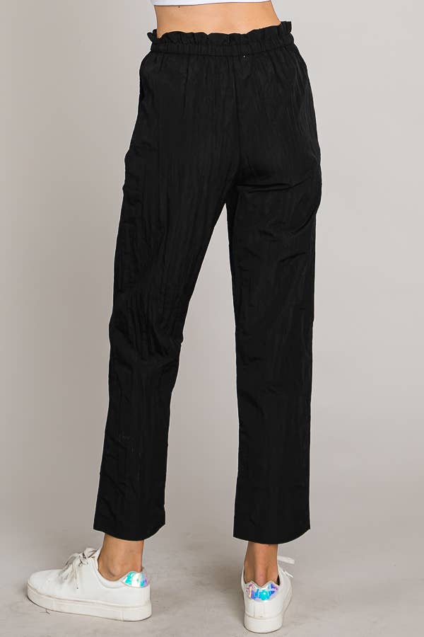 Paper bag tie waist ankle length nylon woven pants