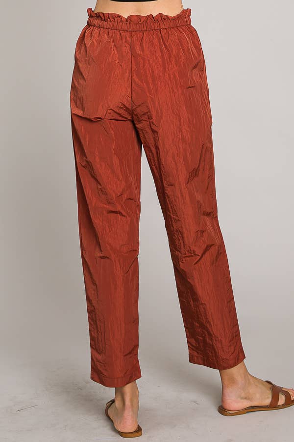 Paper bag tie waist ankle length nylon woven pants