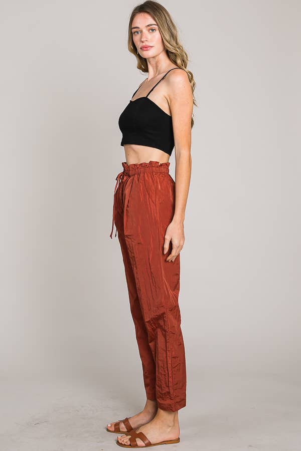 Paper bag tie waist ankle length nylon woven pants