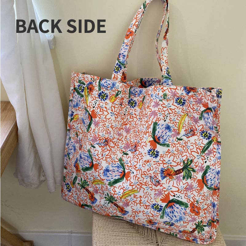 Floral Print Double-Sided Canvas Large Tote Bag