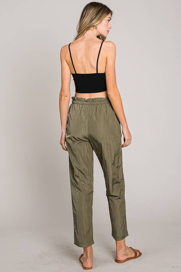 Paper bag tie waist ankle length nylon woven pants