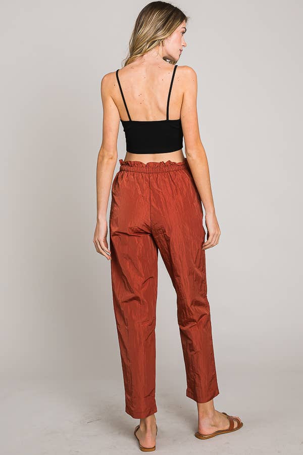 Paper bag tie waist ankle length nylon woven pants