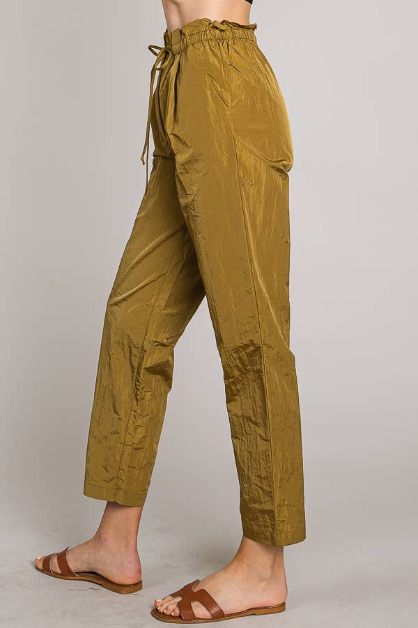Paper bag tie waist ankle length nylon woven pants