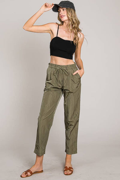 Paper bag tie waist ankle length nylon woven pants