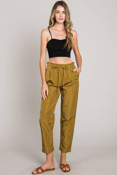 Paper bag tie waist ankle length nylon woven pants