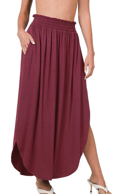 Smocked Waist Side Slit Maxi Skirt With Pockets