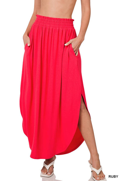 Smocked Waist Side Slit Maxi Skirt With Pockets