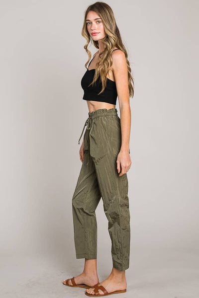 Paper bag tie waist ankle length nylon woven pants
