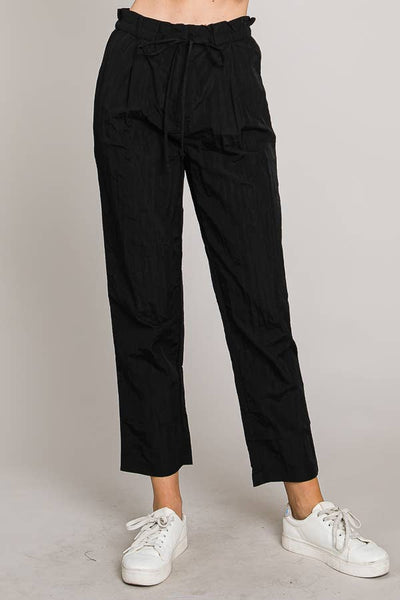 Paper bag tie waist ankle length nylon woven pants