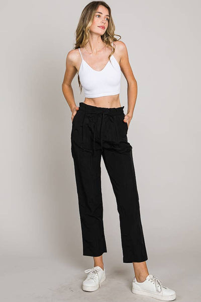 Paper bag tie waist ankle length nylon woven pants