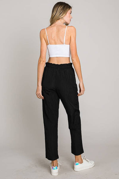 Paper bag tie waist ankle length nylon woven pants