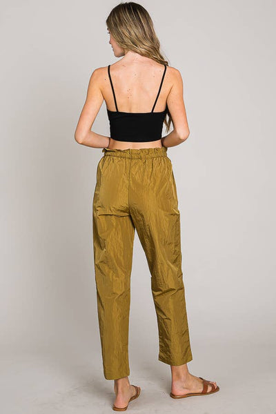 Paper bag tie waist ankle length nylon woven pants