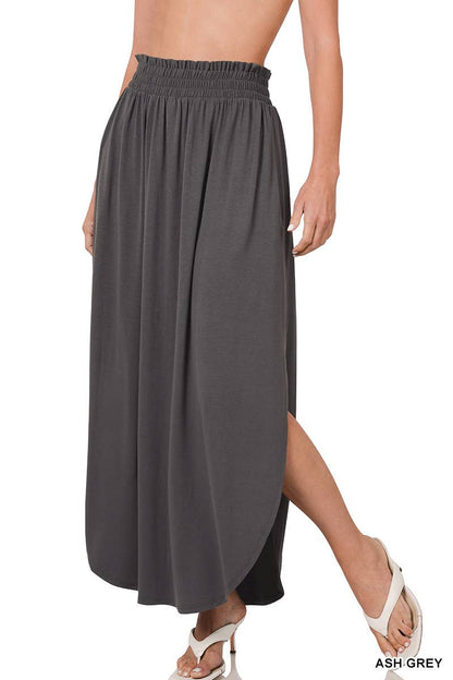 Smocked Waist Side Slit Maxi Skirt With Pockets