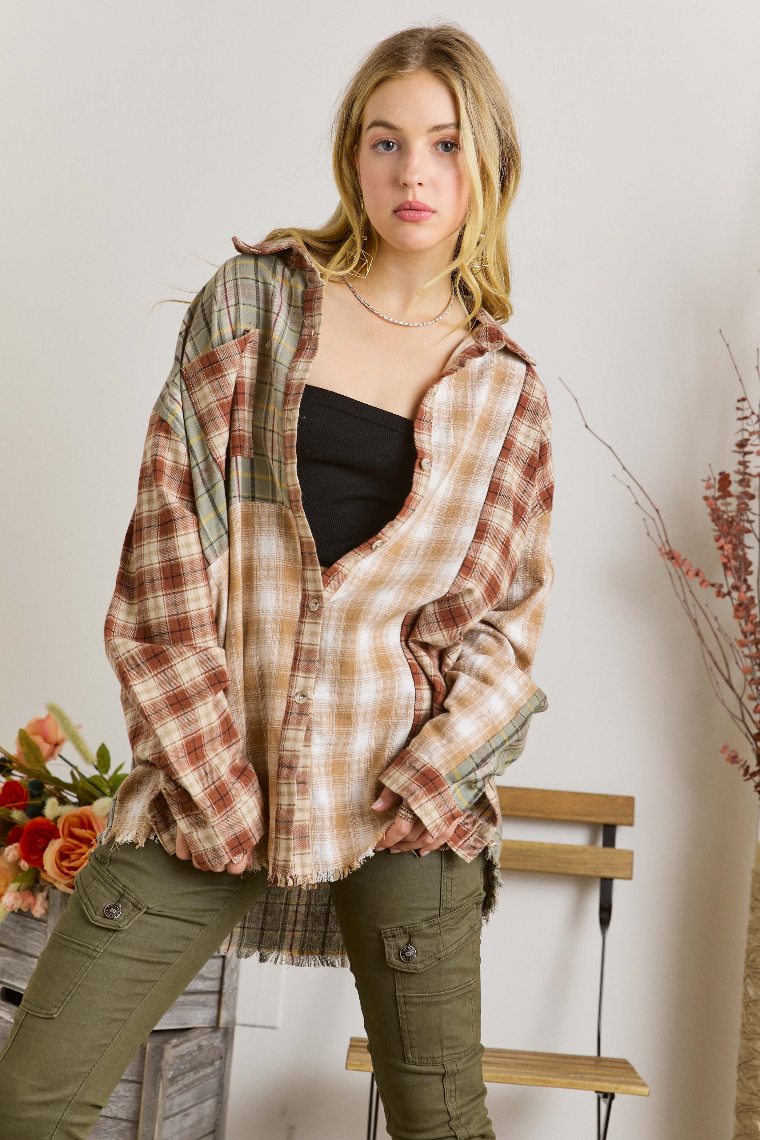 FRAYED EDGE BOHEMIAN PLAID SHIRT