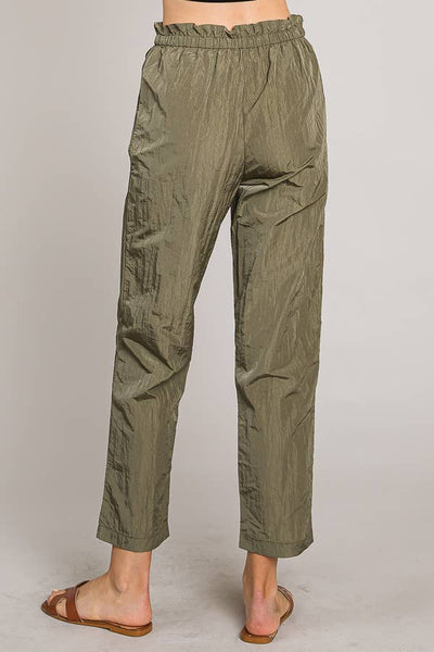 Paper bag tie waist ankle length nylon woven pants