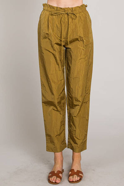 Paper bag tie waist ankle length nylon woven pants