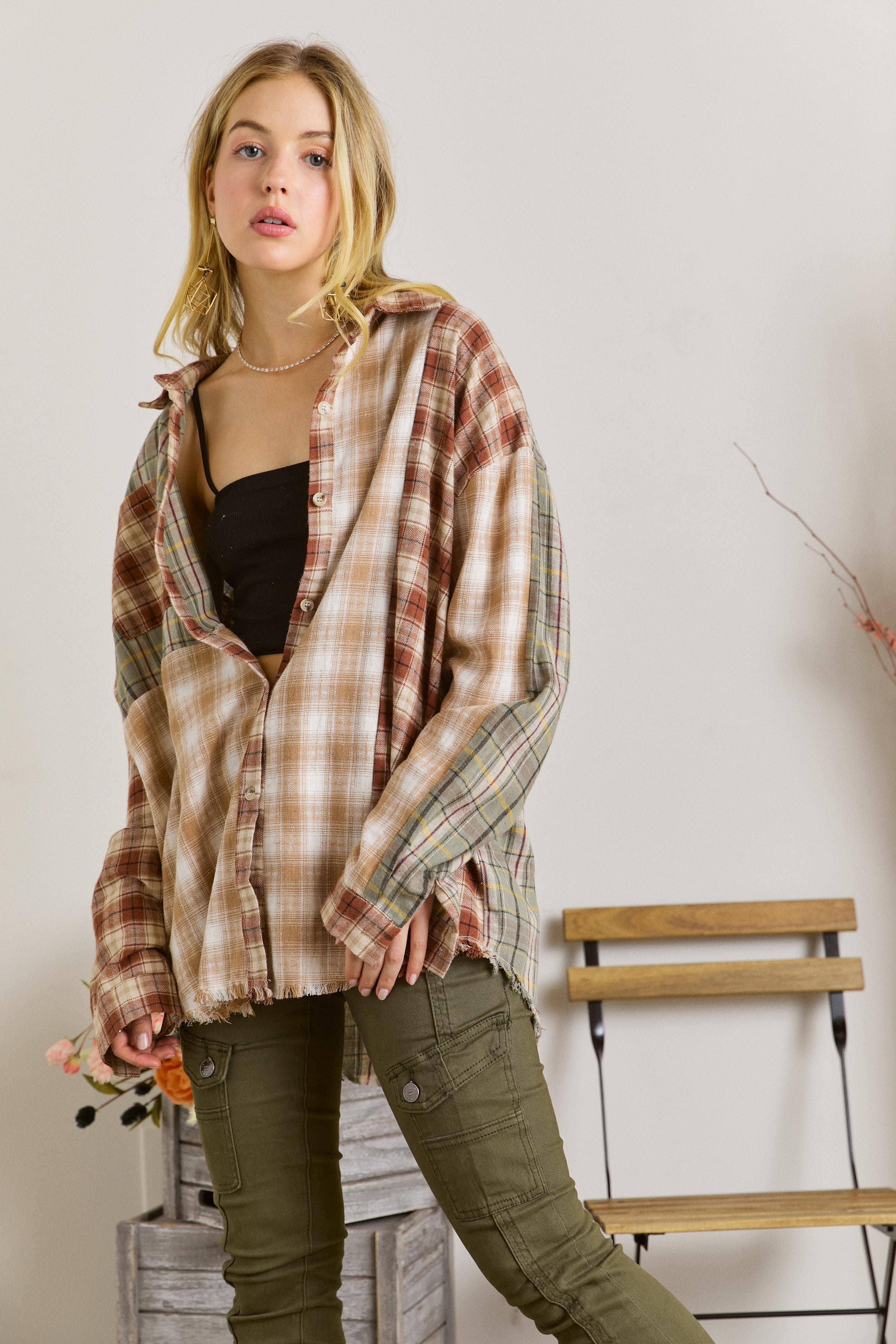 FRAYED EDGE BOHEMIAN PLAID SHIRT