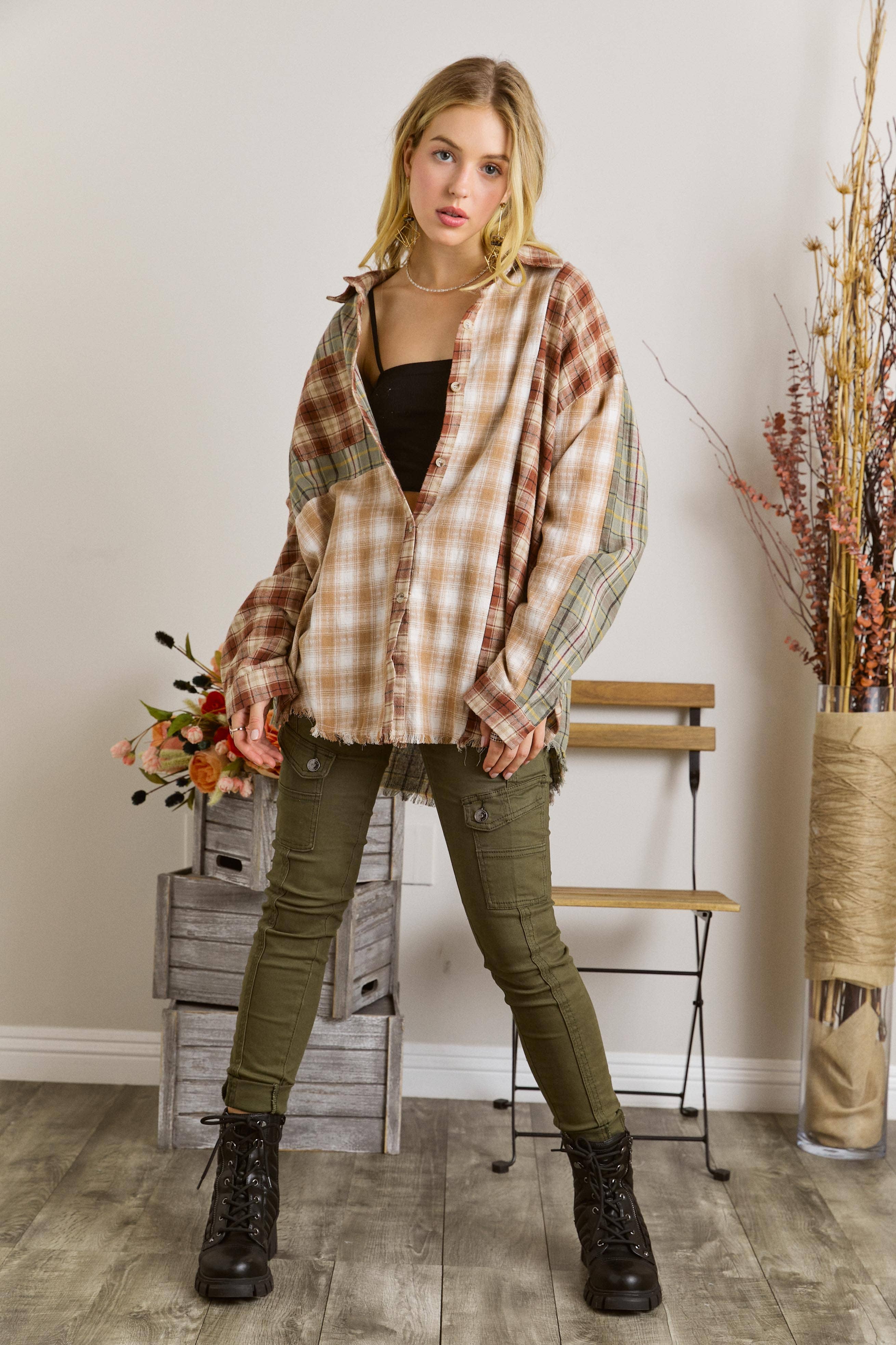 FRAYED EDGE BOHEMIAN PLAID SHIRT