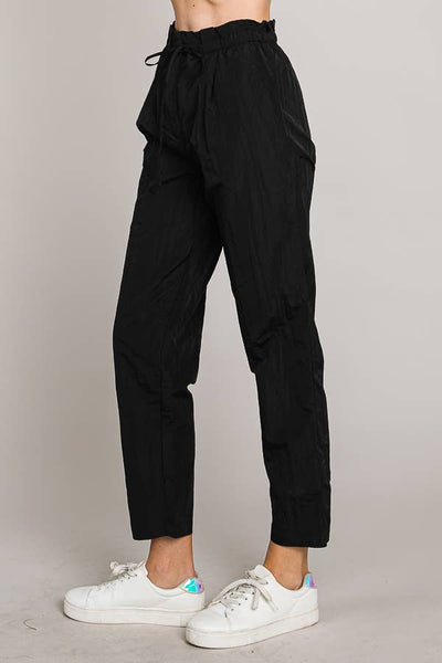 Paper bag tie waist ankle length nylon woven pants