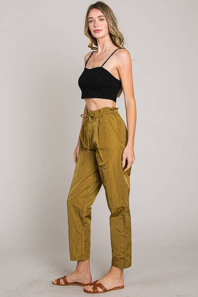 Paper bag tie waist ankle length nylon woven pants