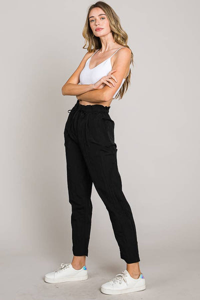 Paper bag tie waist ankle length nylon woven pants