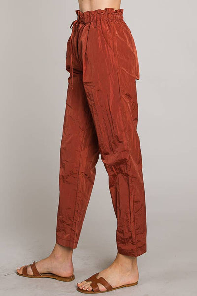 Paper bag tie waist ankle length nylon woven pants