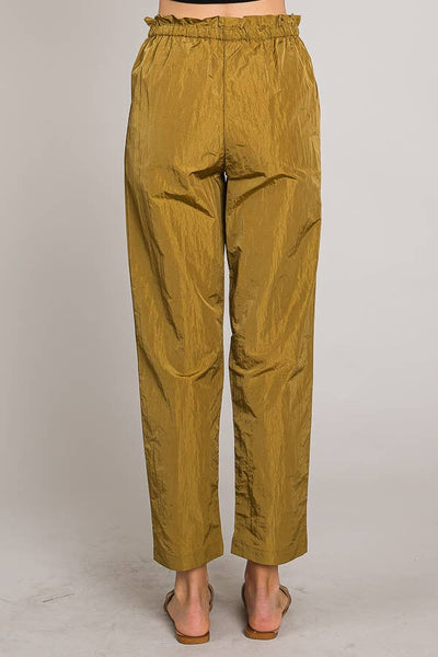 Paper bag tie waist ankle length nylon woven pants