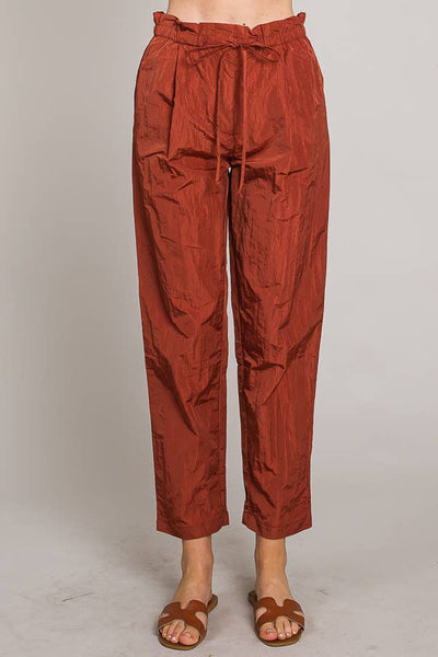 Paper bag tie waist ankle length nylon woven pants