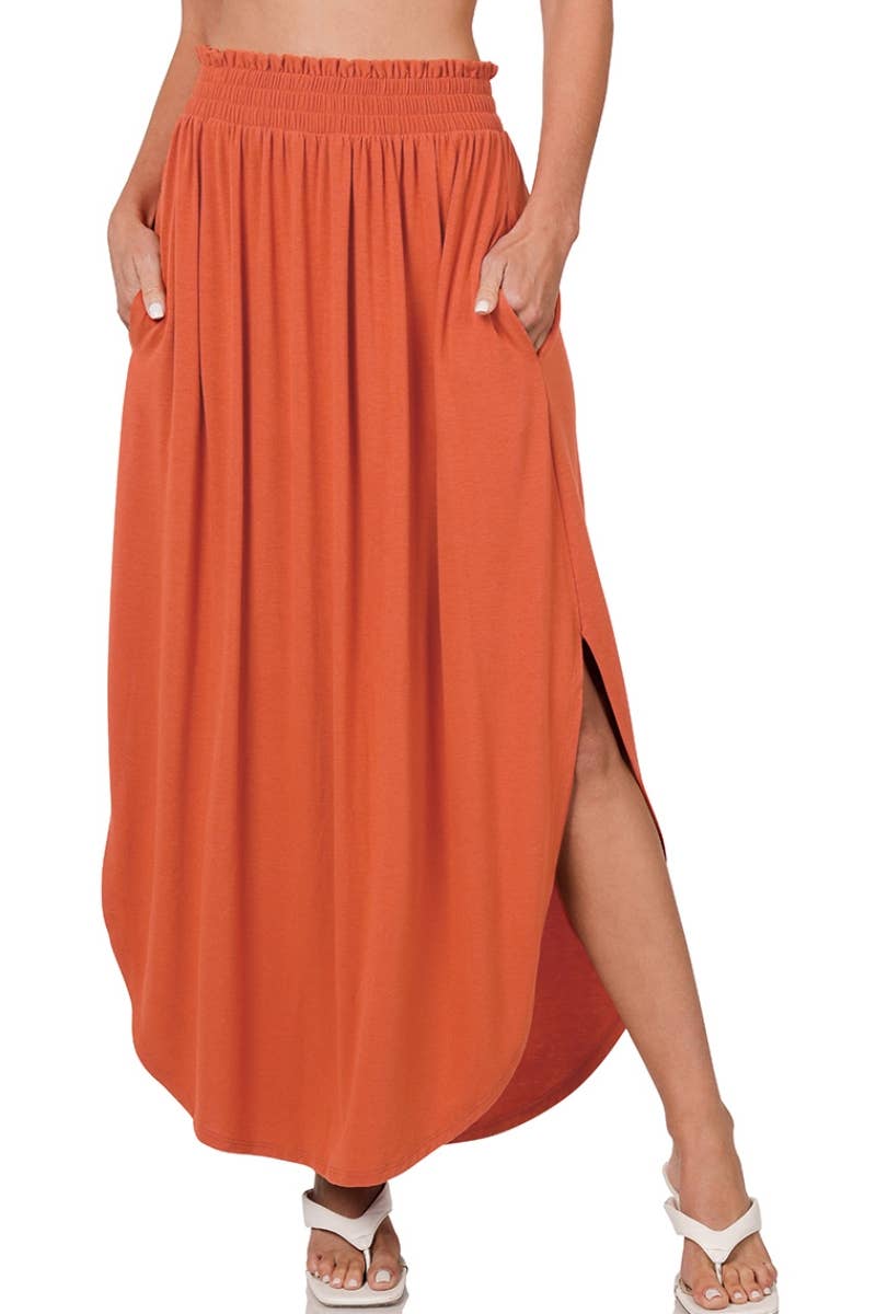 Smocked Waist Side Slit Maxi Skirt With Pockets