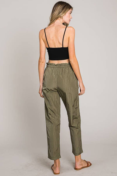 Paper bag tie waist ankle length nylon woven pants