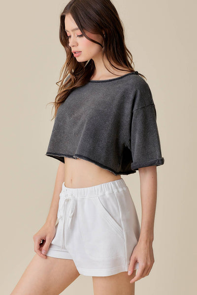 Short Sleeve Raw-Edge Crop Top