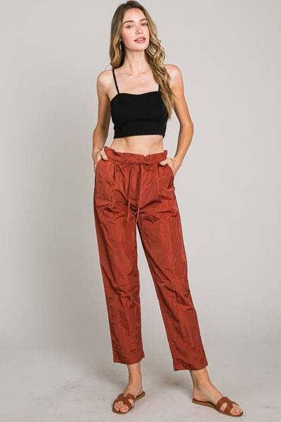 Paper bag tie waist ankle length nylon woven pants