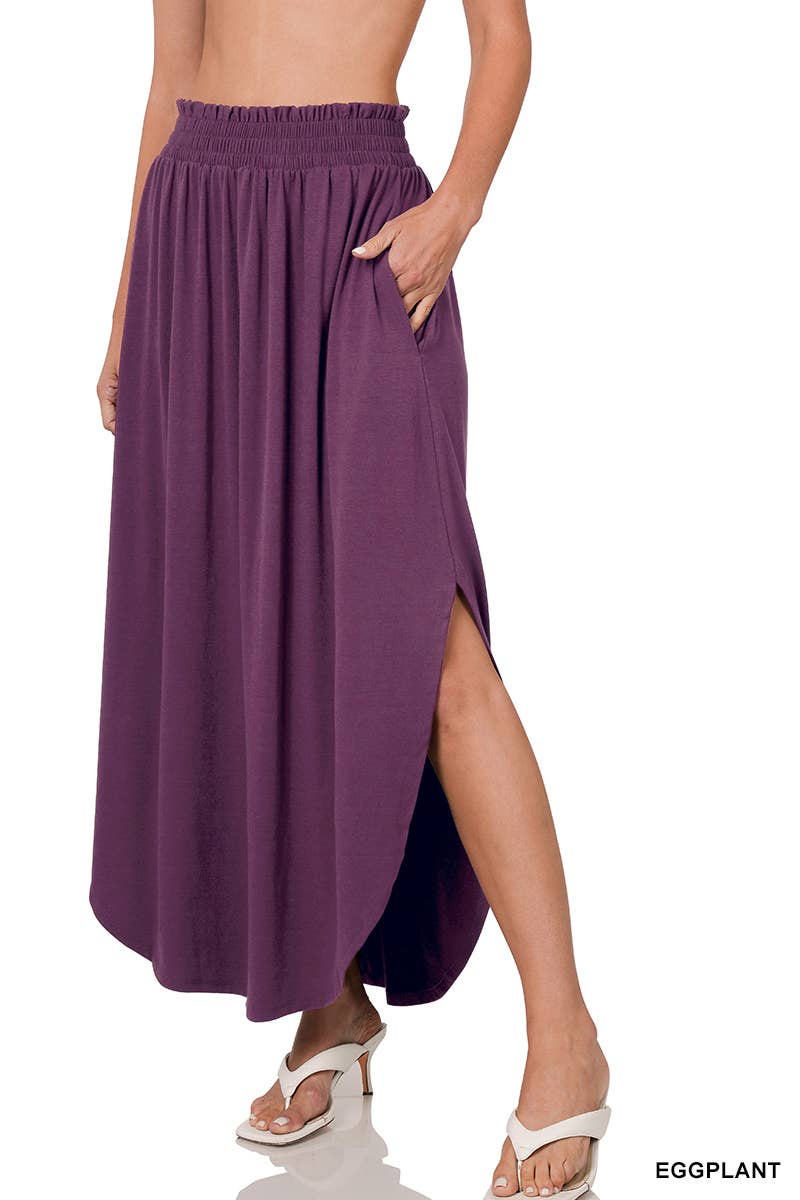 Smocked Waist Side Slit Maxi Skirt With Pockets