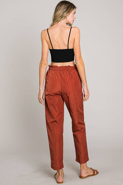 Paper bag tie waist ankle length nylon woven pants
