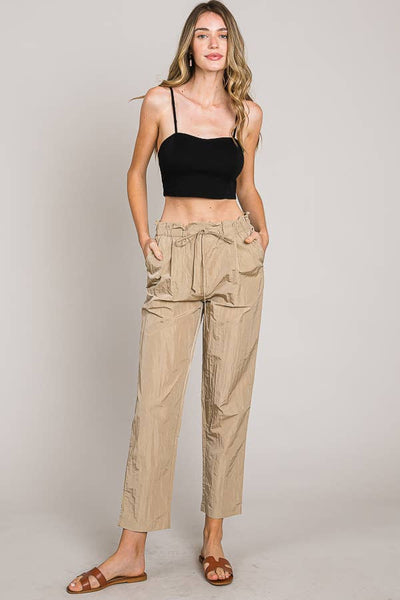 Paper bag tie waist ankle length nylon woven pants
