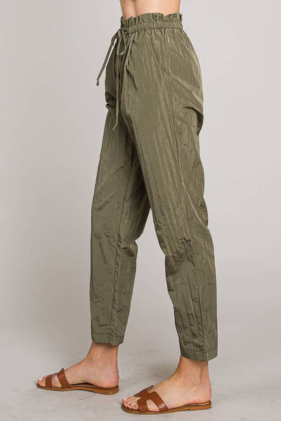 Paper bag tie waist ankle length nylon woven pants