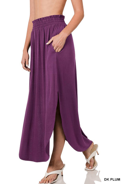 Smocked Waist Side Slit Maxi Skirt With Pockets