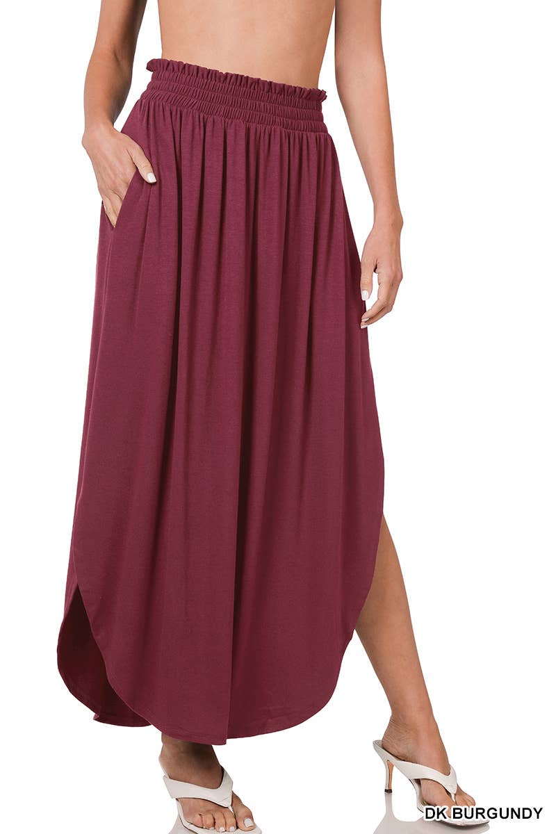 Smocked Waist Side Slit Maxi Skirt With Pockets